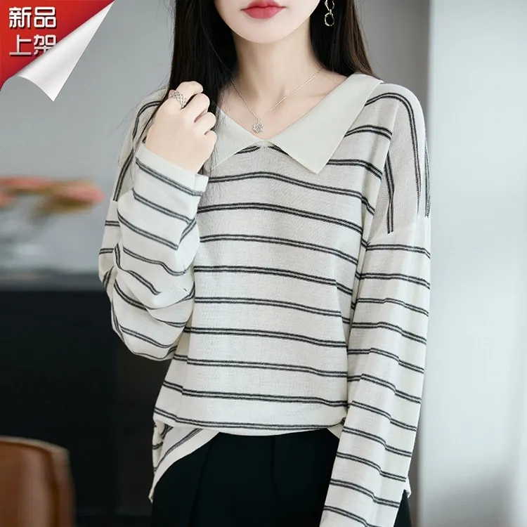 哥弟阿玛施正品早秋方领撞色条纹简约针织衫翻领气质宽松显瘦上衣