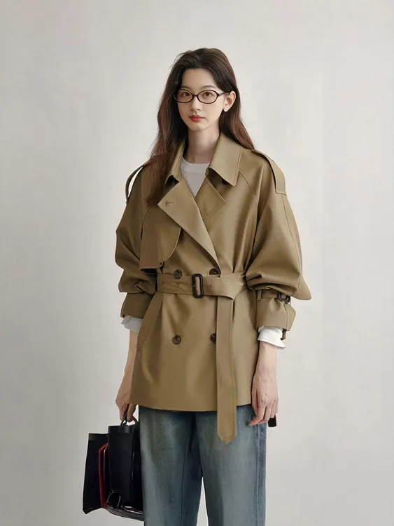 【悦姐Studio】休闲短款风衣外套女2025秋新款双排扣小个子高级感卡其色大衣上衣
