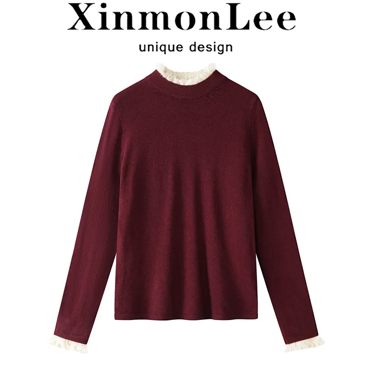 XinmonLee红色新年氛围感秋冬新款针织衫蕾丝拼接假两件法式上衣