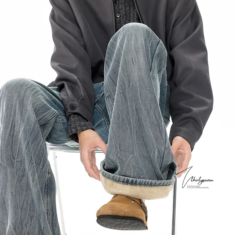 V37美式高街闪电纹水牛仔裤男款秋冬加绒加厚阔腿微喇弯裤子