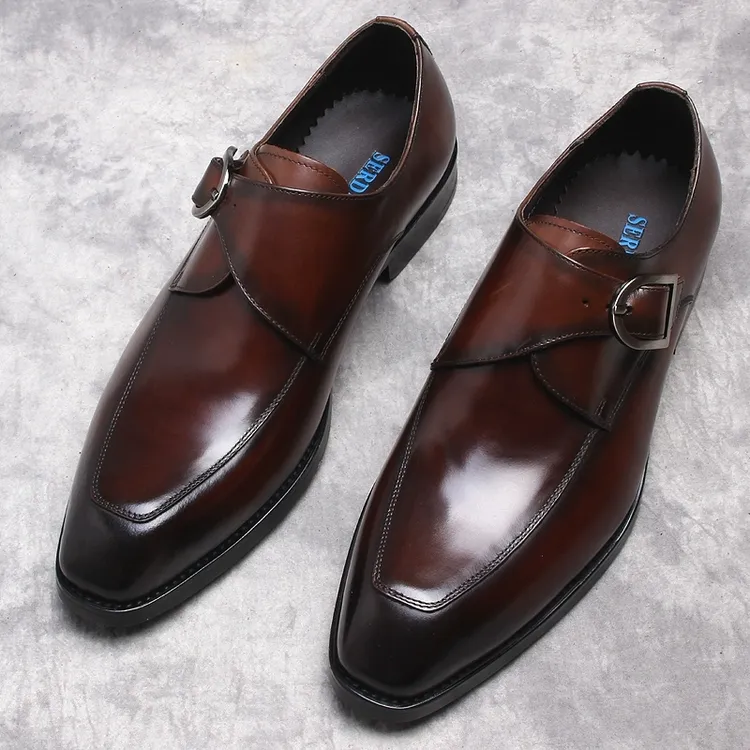 意大利英伦皮鞋男正装商务手工男鞋潮流搭扣方头真皮固特异单鞋子