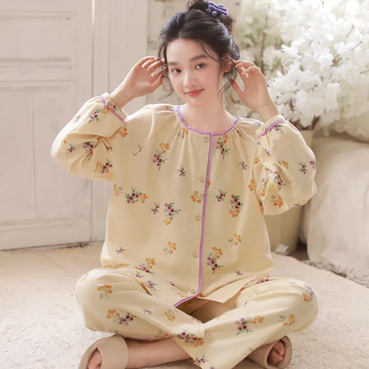 秋冬纯棉磨毛绒布女士睡衣清新甜美印花宽松休闲冬季大码家居服