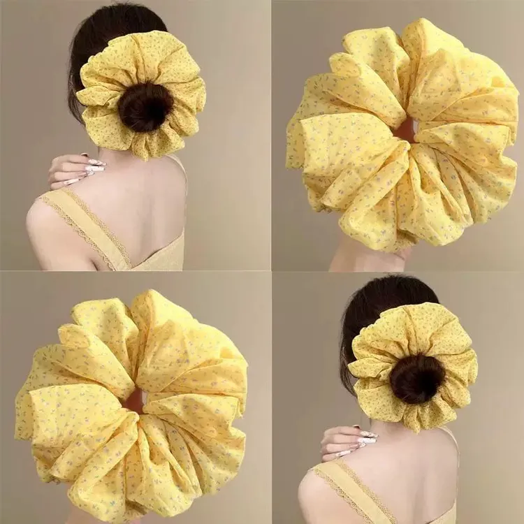   38 嫩黄色碎花雪纺大肠发圈超仙小众感头绳扎发绳旅行发绳