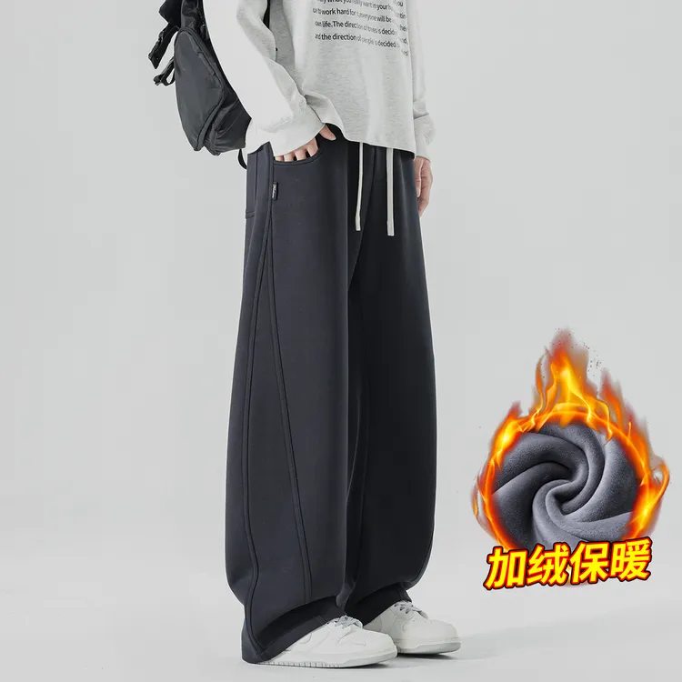 加绒弯刀裤子男士秋冬2025新款宽松阔腿休闲裤子美式重磅运动卫裤