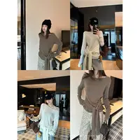 THEISSN宁司 白色斜肩绑带长袖针织衫女秋季修身T恤上衣 01482