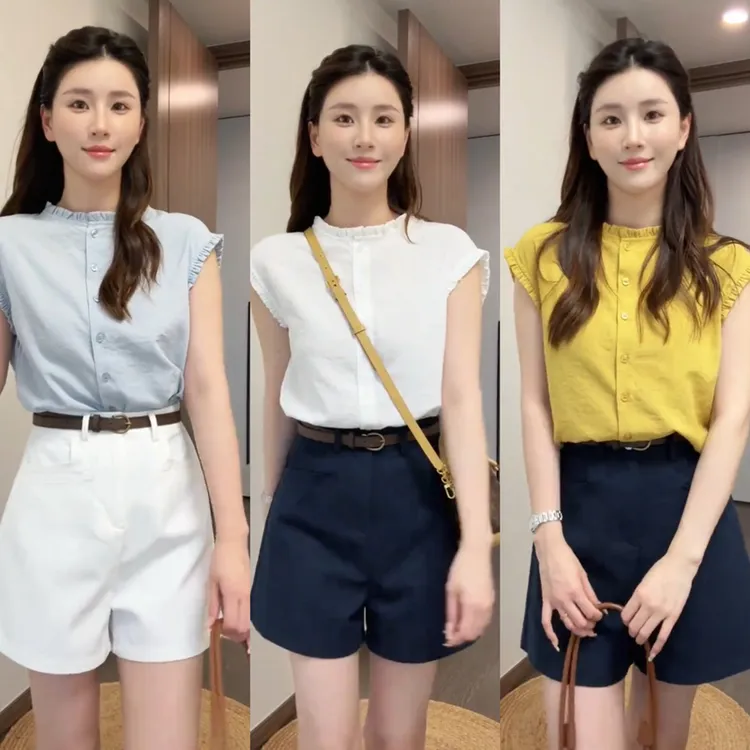 夏季设计感木耳边无袖小衫休闲短款两件套女装超好看时尚减龄套装