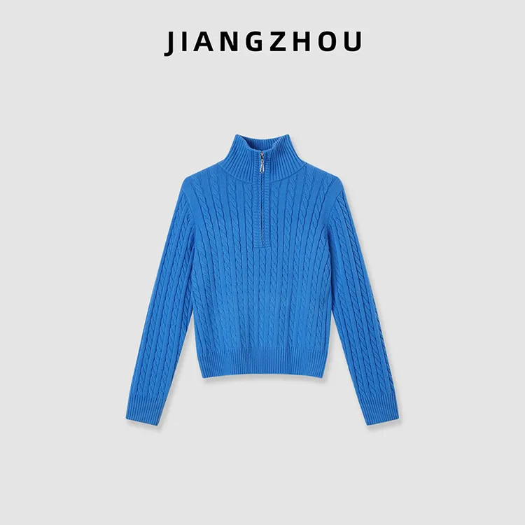 江洲【耀蓝】保暖显白秋冬新款羊毛半开拉链绞花针织衫百搭软糯毛衣