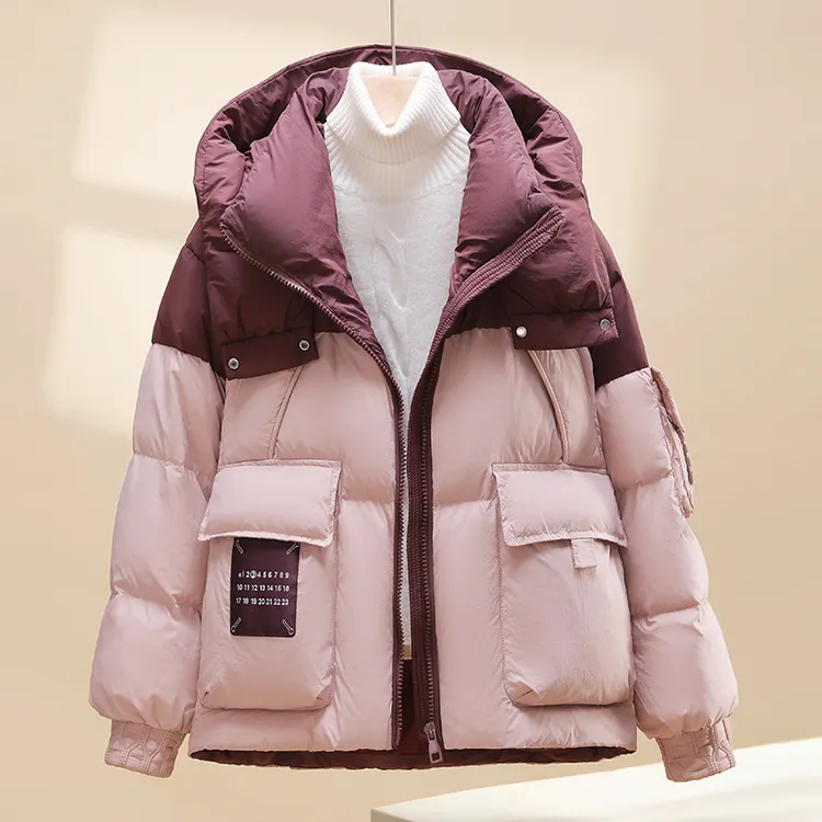 【高品质】棉服女2025冬季新款拼接短款棉衣韩版宽松连帽棉袄外套潮