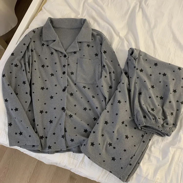 灰色星星印花德绒长袖长裤睡衣女秋冬季可外穿家居服套装