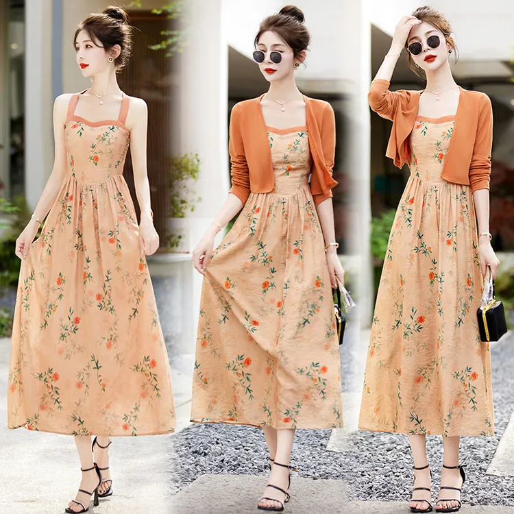 流行时尚女装新中式国风复古开衫夏季挂脖连衣裙两件套时尚套装