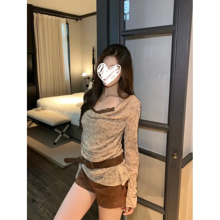秋季气质纯欲蕾丝拼接假两件扎染小衫(配腰带)