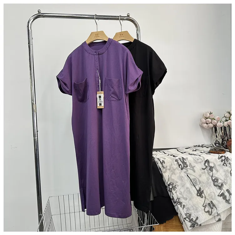 Q232  夏季新款女士休闲宽松中长款口袋翻领短袖连衣裙女