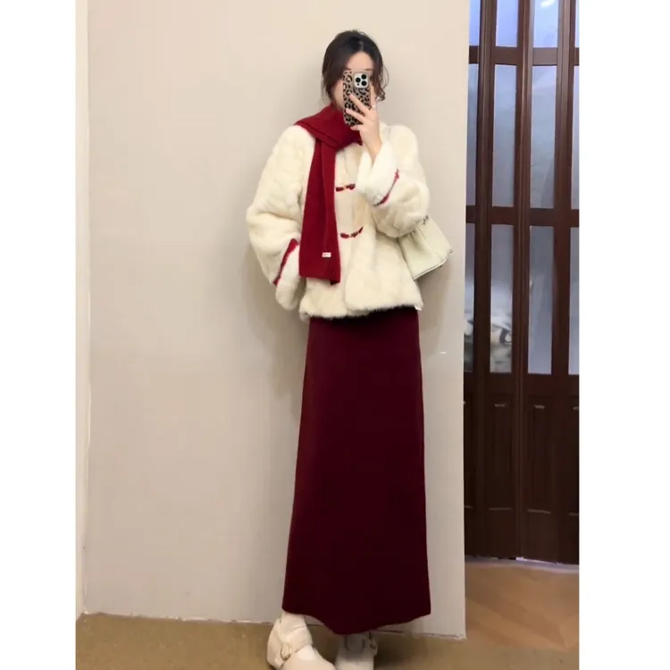 新中式搭配一整套秋冬国风复古毛毛盘扣保暖外套半身裙气质两件套