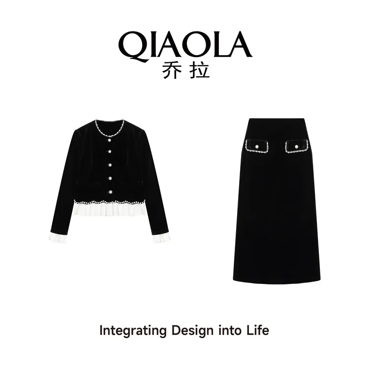 QIAOLA/乔拉【雅典夜韵】秋冬季丝绒珍珠圆领拼接摆A版时尚套装预售