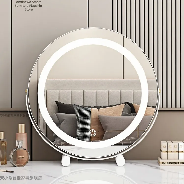 家用梳妆台桌面镜子可360度旋转台式化妆镜带补光灯宿舍led梳妆镜