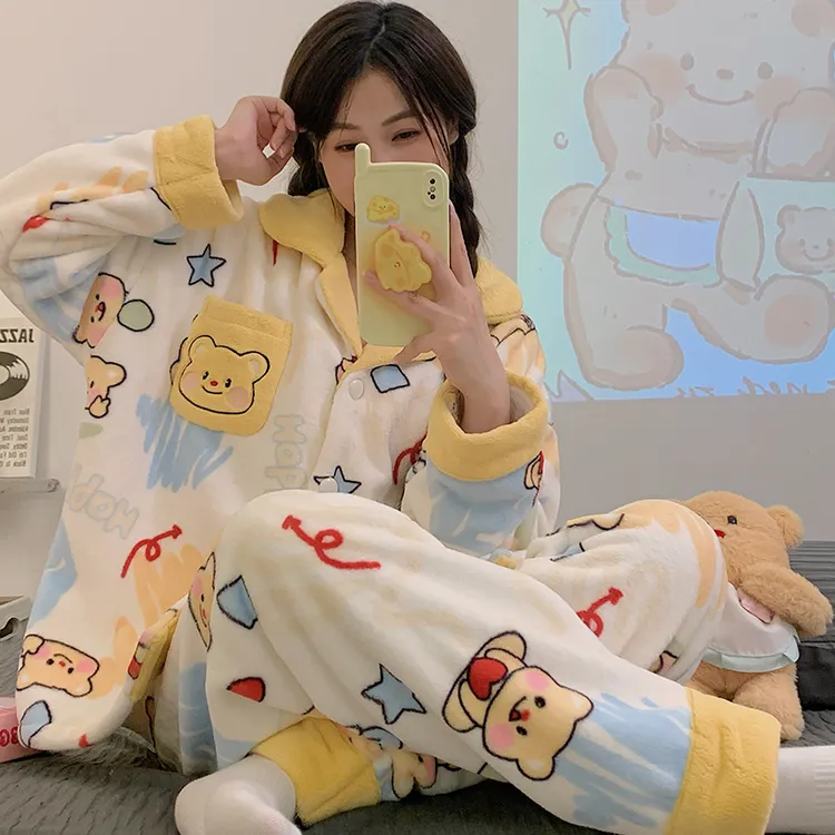 2025新款可爱睡衣女款爆款加绒加厚秋冬季珊瑚绒保暖家居服套装