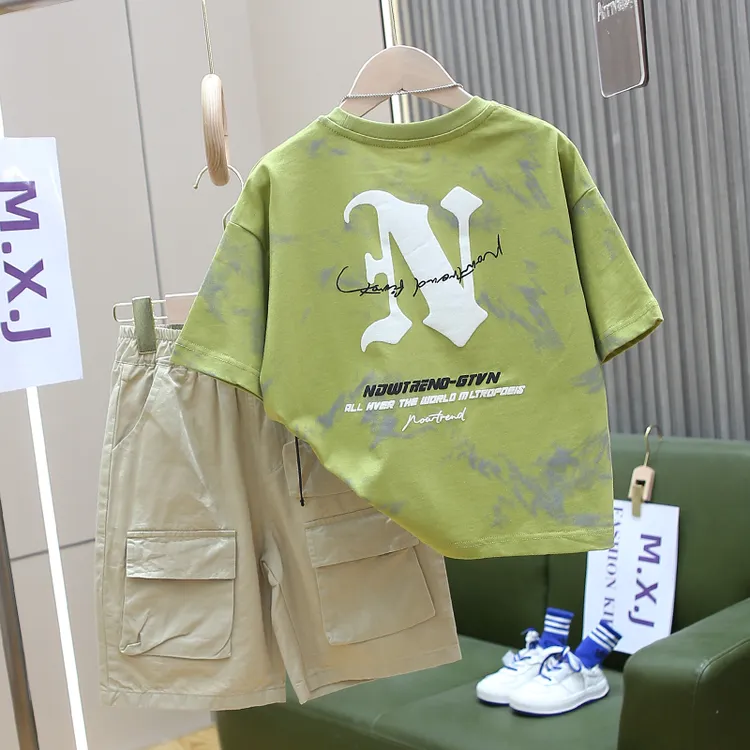 扎染梦幻绿男童夏装套装2025新款儿童夏季薄款短袖两件套帅气宽松