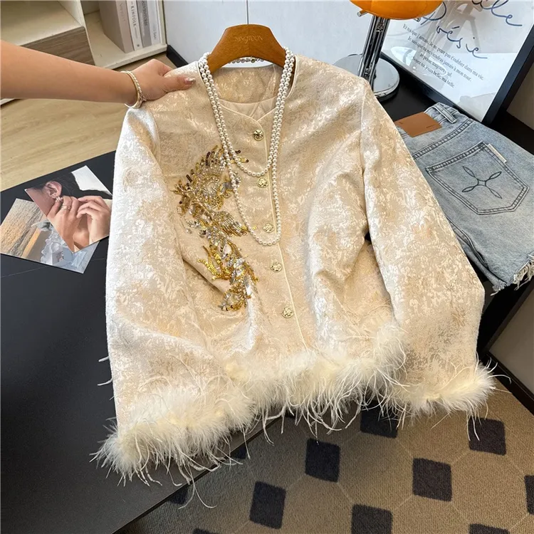 加棉加厚新中式国风暗纹提花下摆袖口鸵鸟毛外套