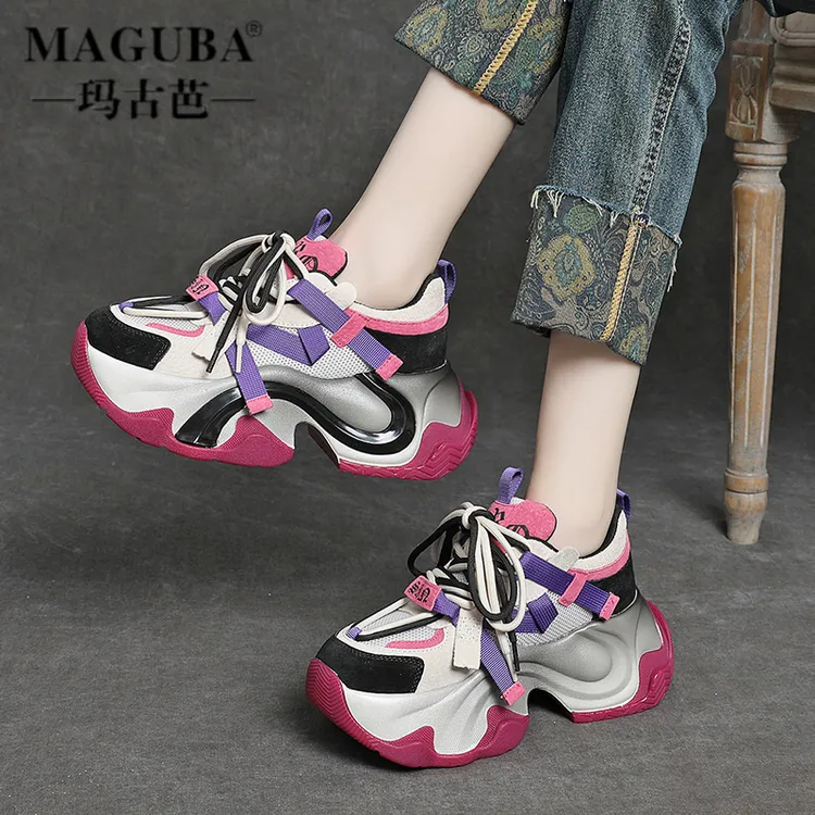 MAGUBA/玛古芭拼色厚底老爹鞋女新款松糕底网面透气增高休闲潮鞋