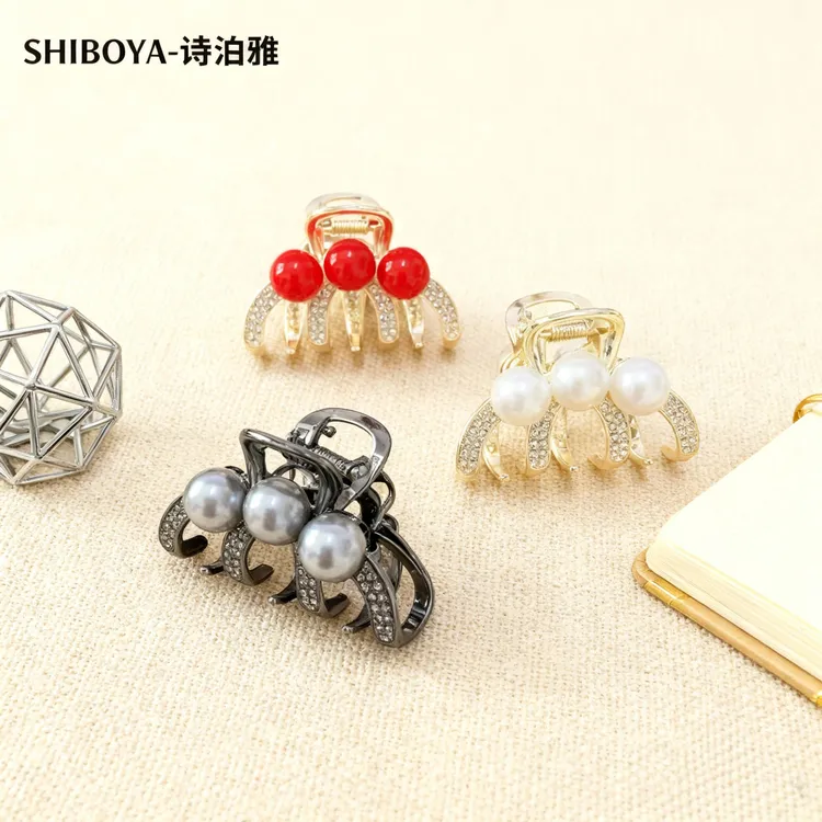 诗泊雅 鎏金熠彩AB双面奢缀合金抓夹 钻饰珍珠双型态高定发饰