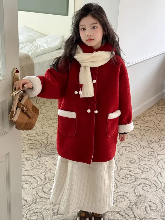 女童加绒呢子外套秋冬季2025儿童中长新款过年红色毛呢大衣拜年服