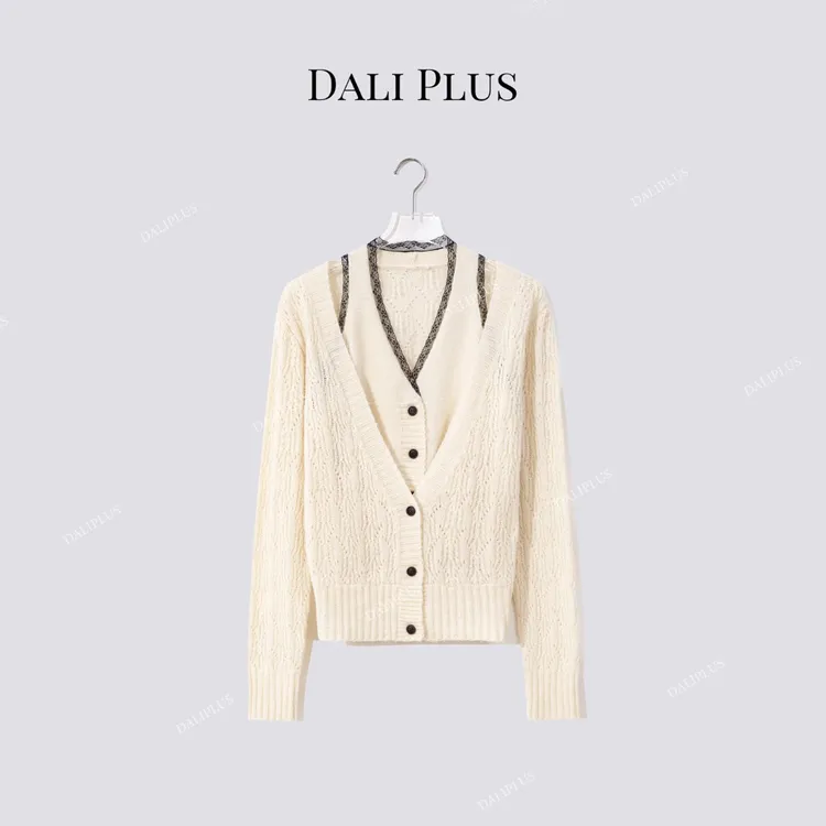 DALI PLUS“山羊绒针织开衫”黑蕾丝拼接假两件上衣针织-D5CH4698