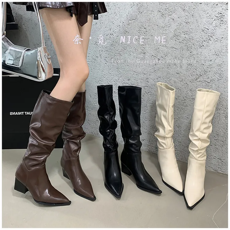 【韩系】NICE ME~尖头长靴女秋冬季2025粗跟长筒靴法式不过膝高跟