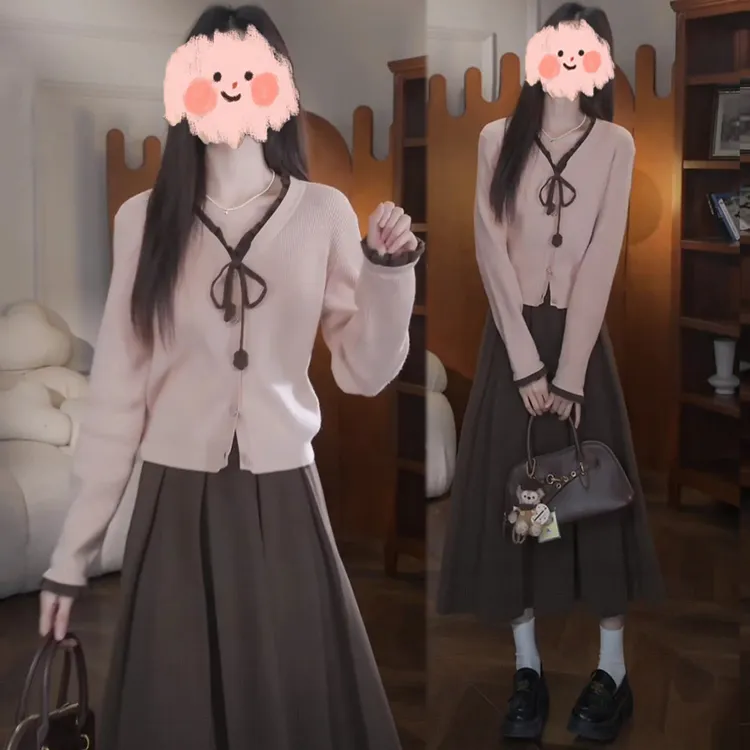 【南杏庄园】秋季新款韩系慵懒假两件针织衫高腰显瘦半裙两件套装女