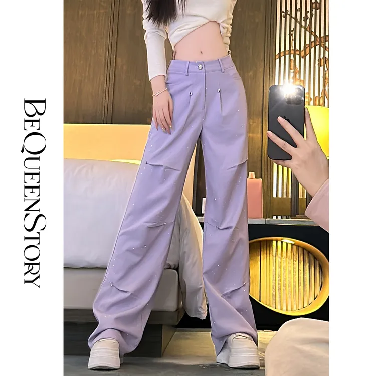 余潇潇【星河漫步】时尚百搭实线压褶拼接烫钻收臀遮胯直筒工装裤