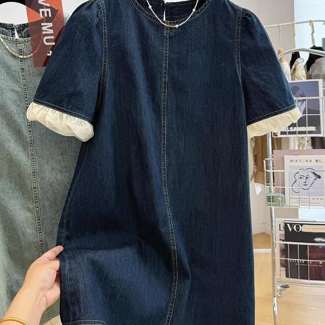 胖mm300斤特大码短袖牛仔连衣裙女夏季宽松休闲拼接中长款裙子ins