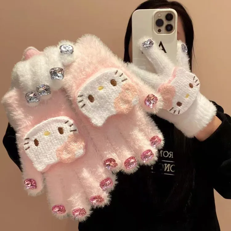 美甲猫猫手套冬季保暖加绒加厚提花手套小学生手套