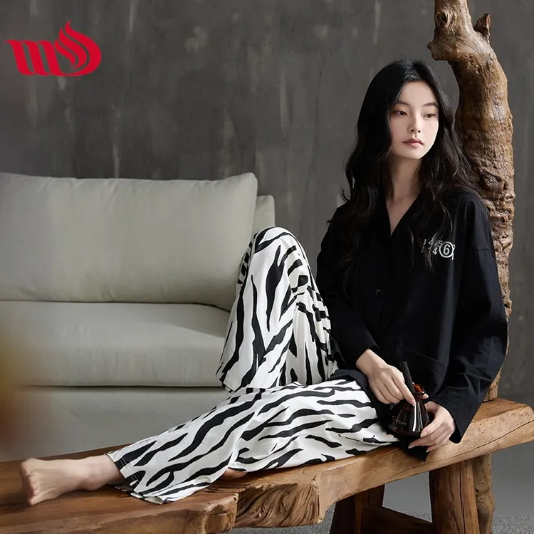 纯棉睡衣女春秋季新款全棉长袖长裤V领和服高级感黑色家居服套装