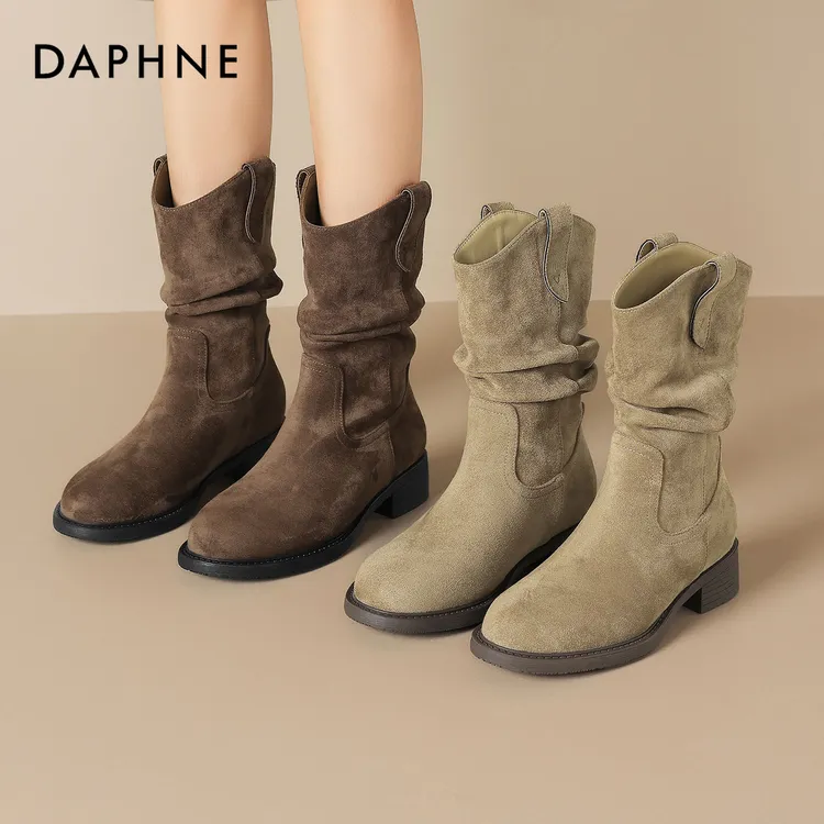 达芙妮复古堆堆靴女西部牛仔靴2025秋冬加绒保暖软底舒适中筒靴子