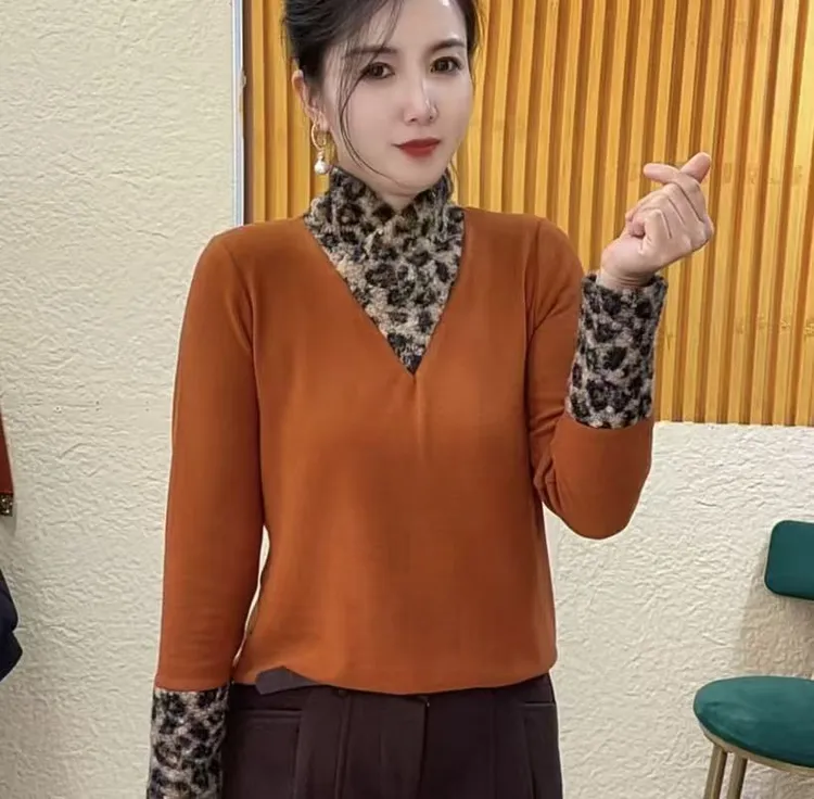 冬季时尚加绒拼色半高领显瘦气质修身百搭洋气女神打底上衣#1213