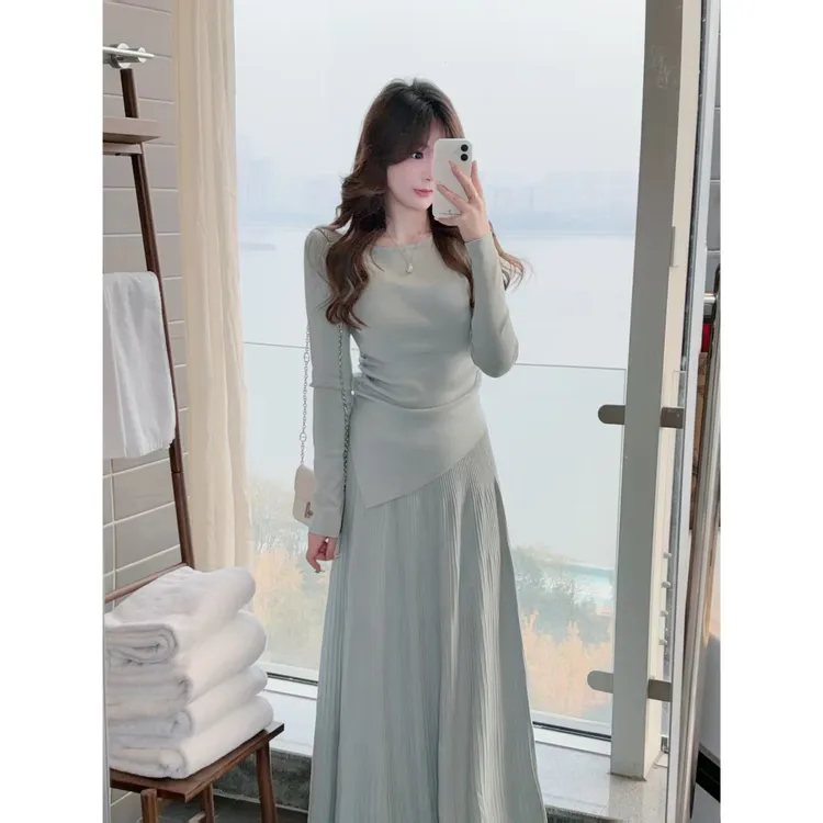 MuMu法式气质圆领高级感收腰针织WP10676高腰半身裙两件套WP10677