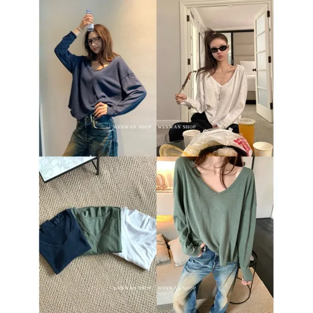 双十一狂欢价！【焊在身上】3色！纯色长袖T恤25新款V领宽松慵懒T恤