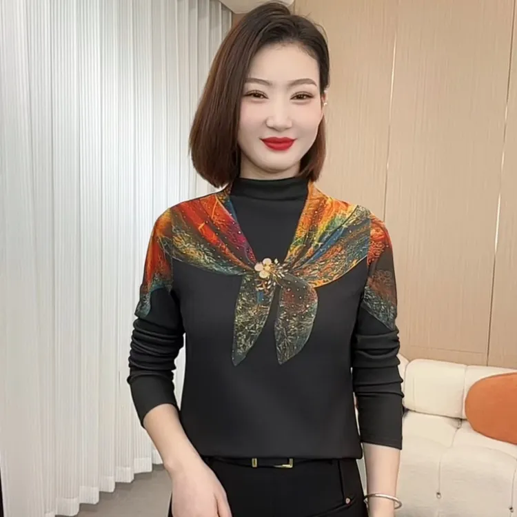 2025年秋冬季新款百搭时尚显瘦半高领3D立体印花长袖打底衫P25111