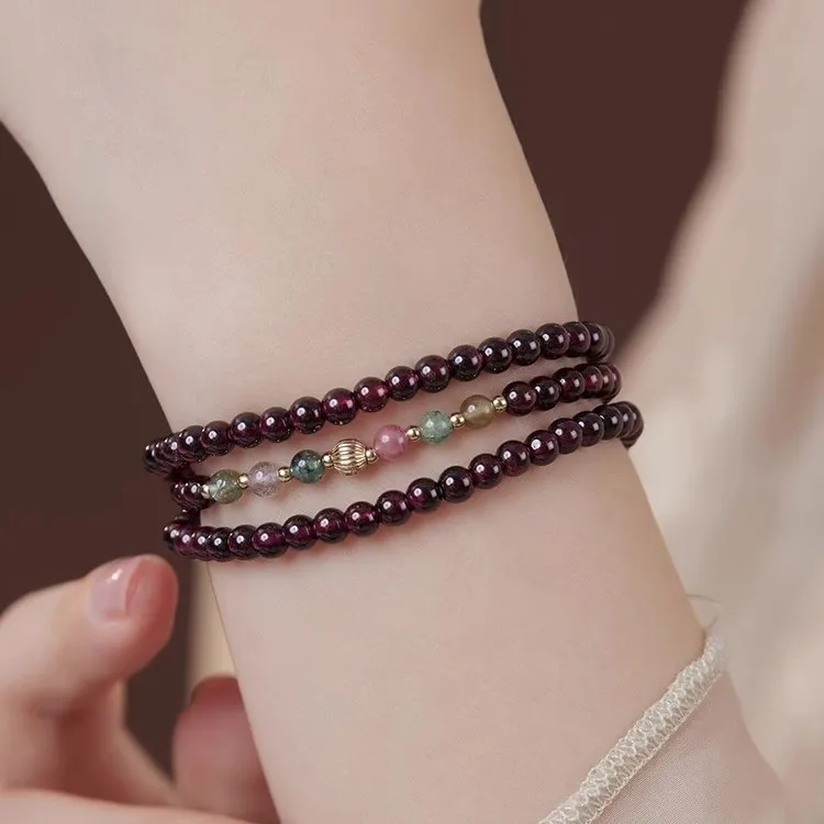 光道紫家纯天然正品天然石榴石手串女款混彩石头专用弹力绳女手链
