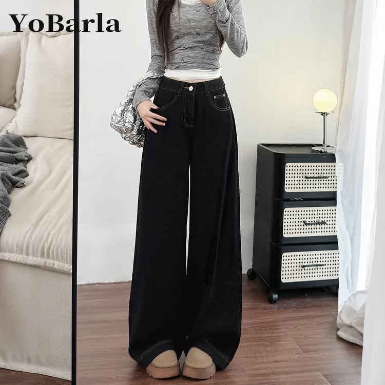 黑色直筒牛仔裤女冬季加绒梨形身材胖mm大码加绒宽松垂感阔腿裤子