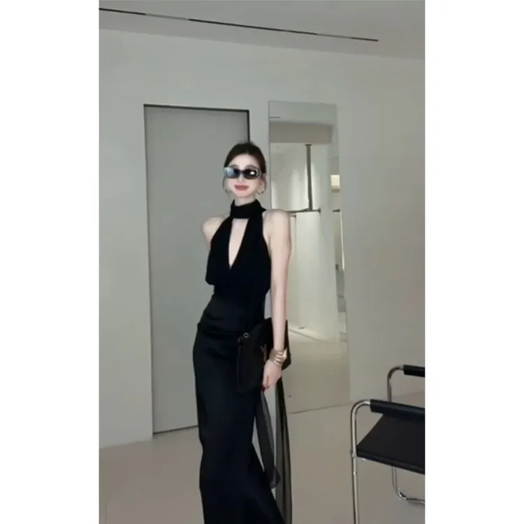 纯欲风气质辣妹修身飘带V领无袖背心上衣高腰百搭包臀鱼尾长裙女