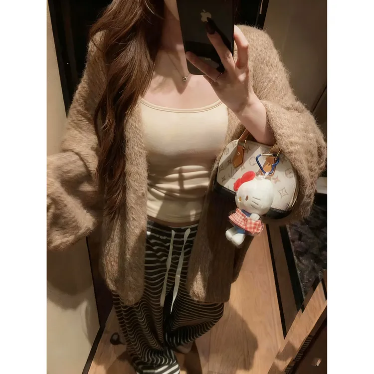 【柔系典配】冬季韩版宽松慵懒羊毛毛衣灯笼袖外套高腰拖地裤阔腿裤