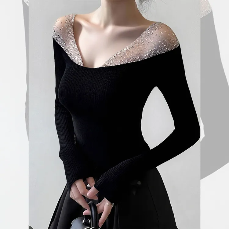 独特漂亮内搭黑色网纱小衫设计小众洋气高贵针织衫烫钻上衣女秋冬
