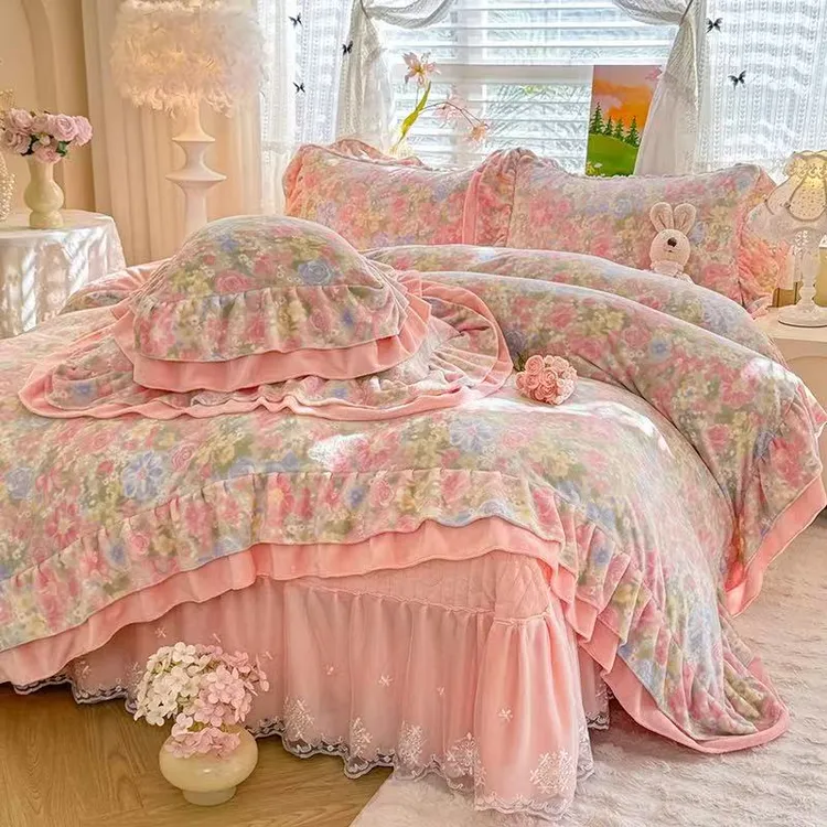 冬季A类夹棉双面牛奶绒床盖四件套加厚珊瑚绒法兰绒花边床单被罩