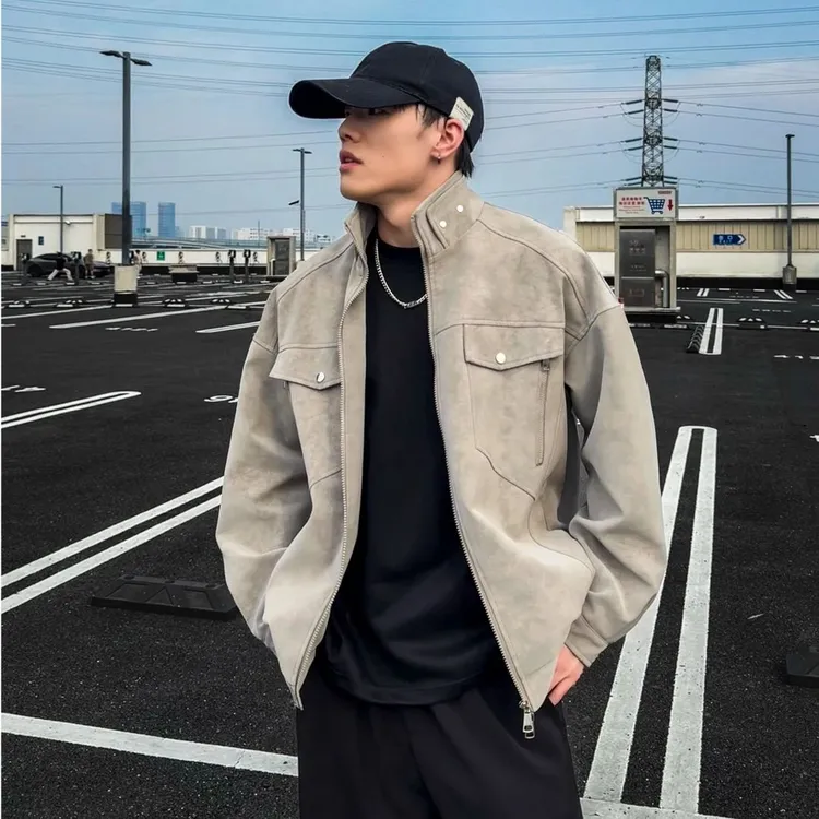 美式立领pu皮飞行员夹克男秋季cleanfit重磅棒球服潮流显肩宽外套