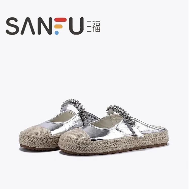 品牌2025夏季新款银色水钻玛丽珍鞋厚底渔夫鞋清凉舒适包头半拖女