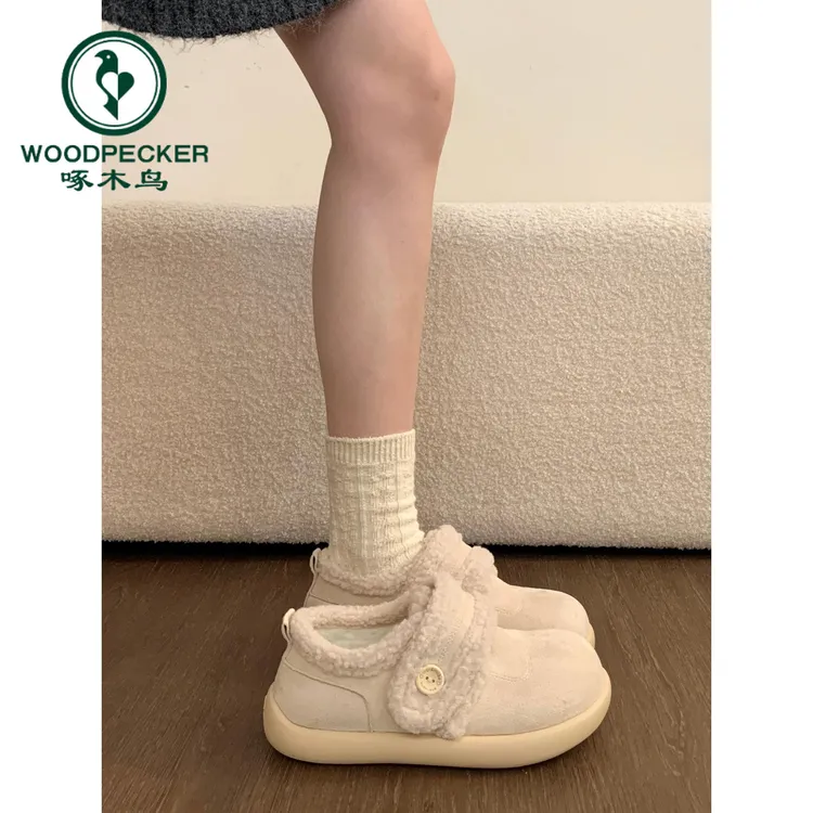 啄木鸟加绒厚底魔术贴勃肯毛毛鞋女2025年秋冬新款保暖雪地靴棉鞋