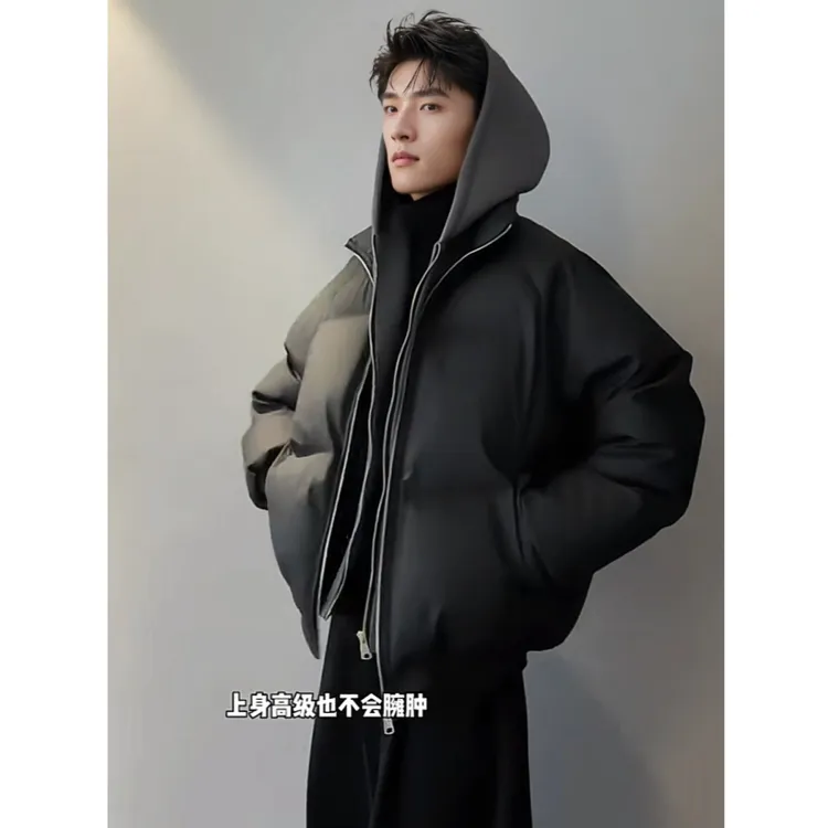 HN潮牌-【假两件】冬季连帽PU皮双拉链加厚棉服男宽松保暖百搭棉衣