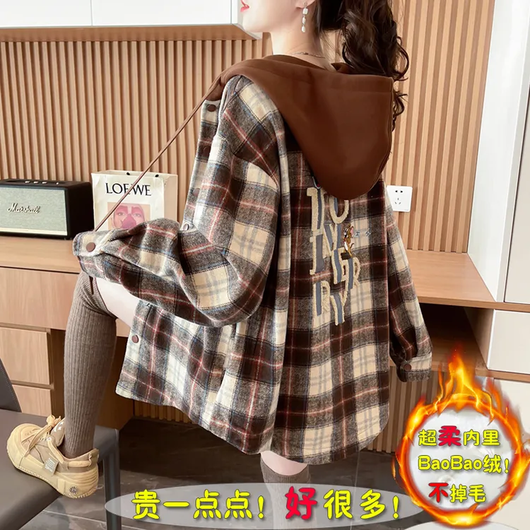 假两件格子细毛呢外套女加绒加厚秋冬季新款孕妇连帽一体绒卫衣女