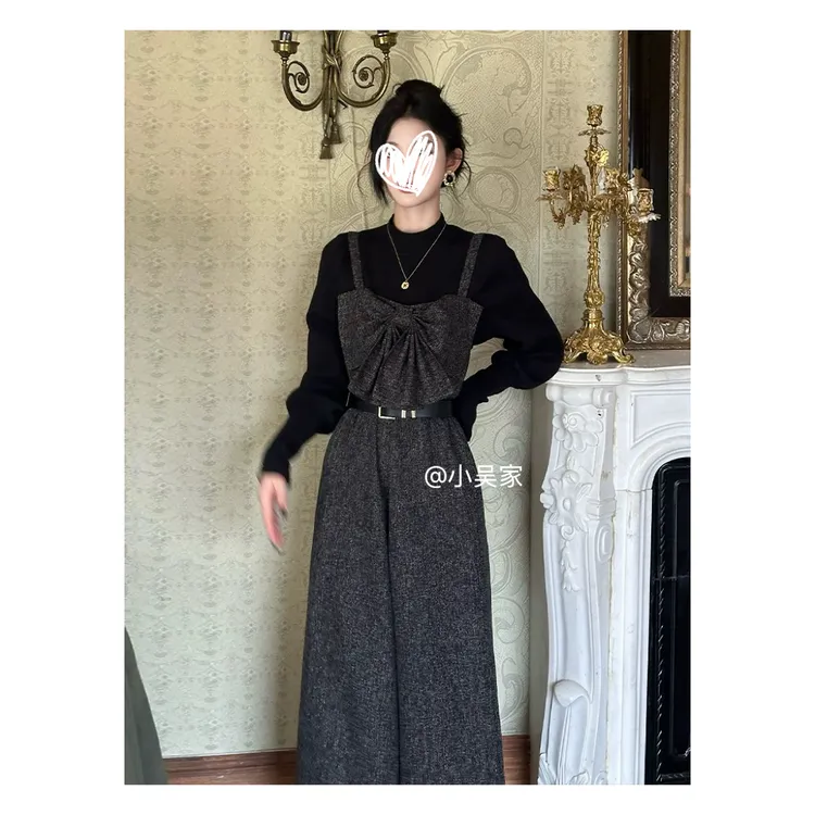 「小吴家」2025秋冬搭配高级感蝴蝶结小香风背带裤打底衫两件套