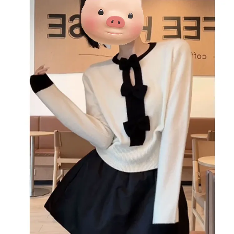 白色蝴蝶结撞色镂空针织衫女2025秋冬新款独特漂亮设计感小众上衣
